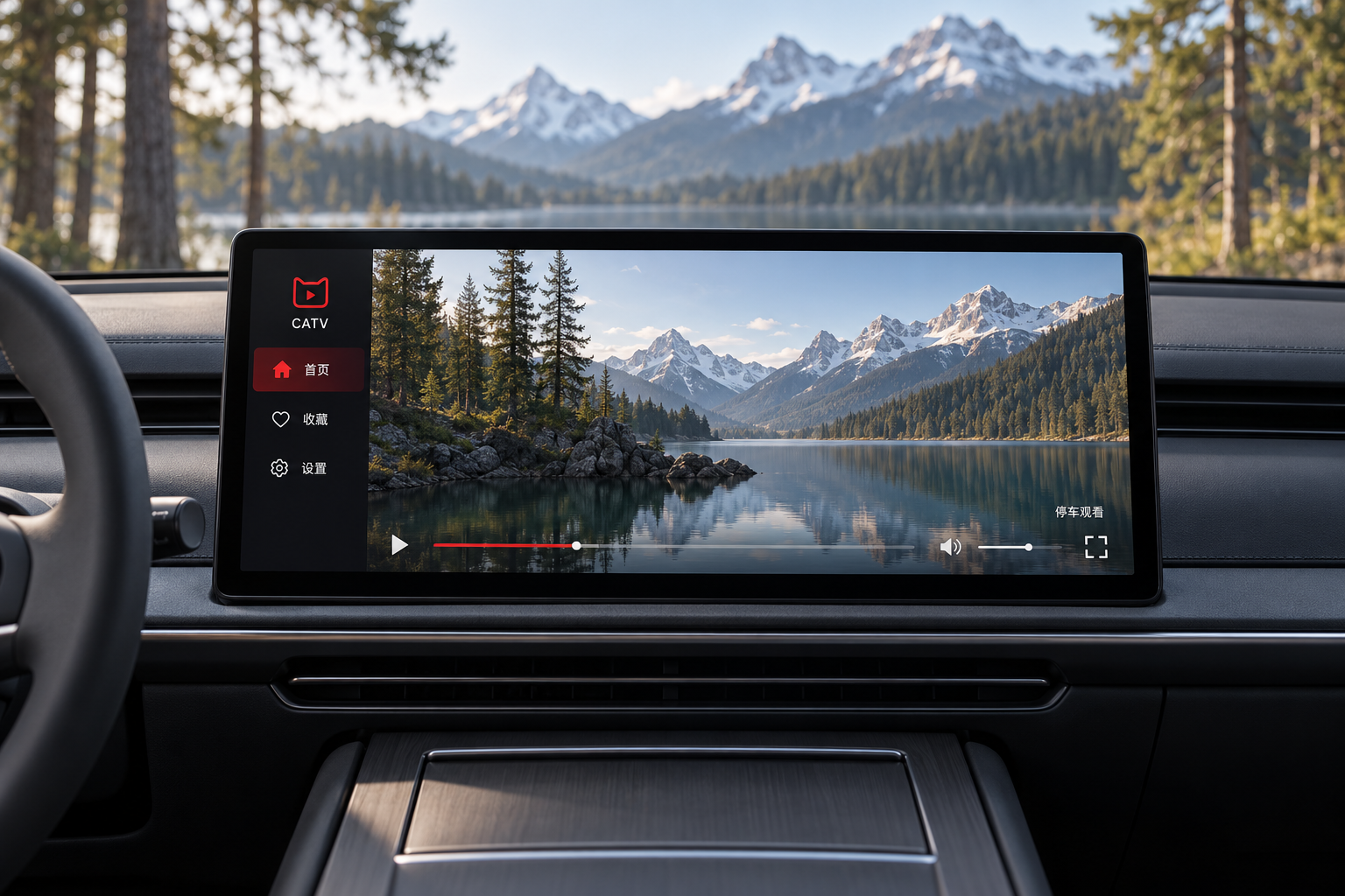 停车场景下的 CATV CarPlay 概念播放器，深色导航栏和原创风景视频